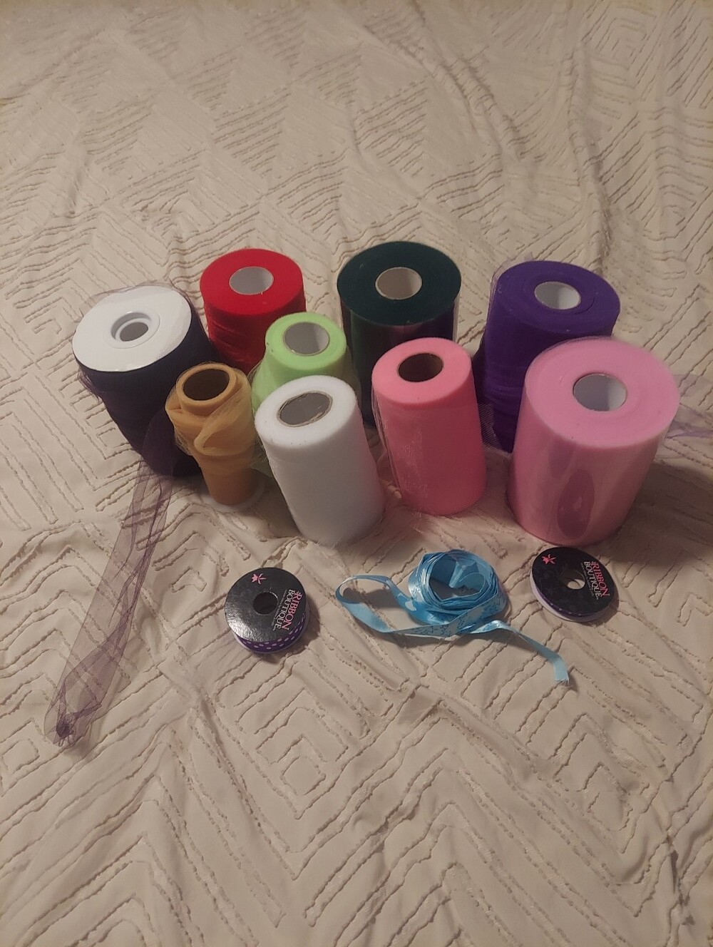 Crafting Supply Lot: 9 Tulle Fabric Rolls & 3 Decorative Ribbons